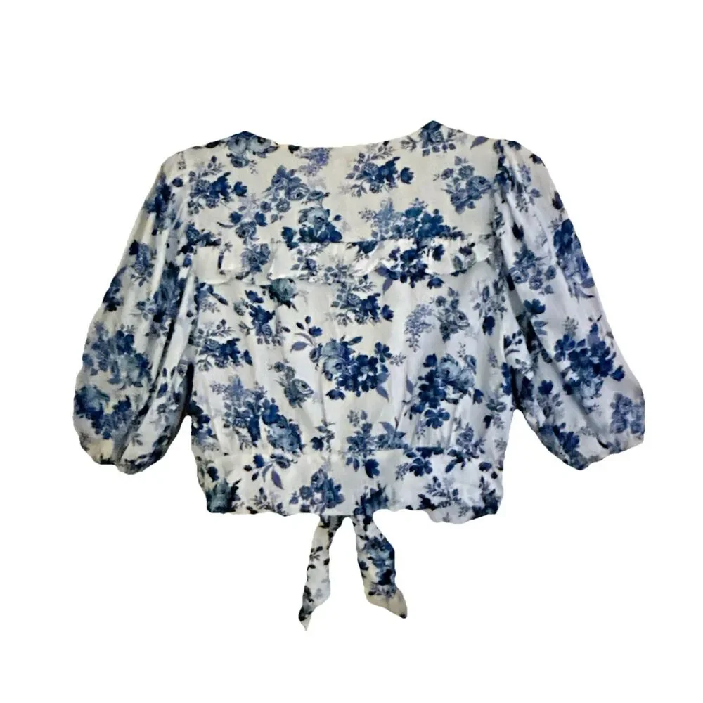 Cupcakes & Cashmere Jerome Cropped Linen Top Womens Sz S Blue Toile Puff Sleeve